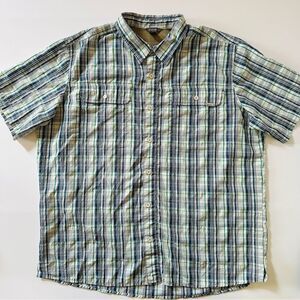 Eddie Bauer TraveX Shirt Men’s SZ XL Blue Green Plaid Button Up Polyester Nylon